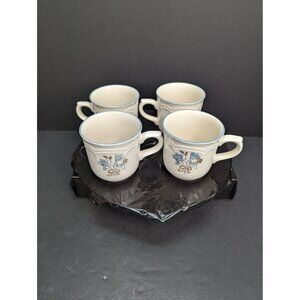 Vntg Cordella Collection Stoneware Floral Cups w/Blue Rim Replacement Lot of 4